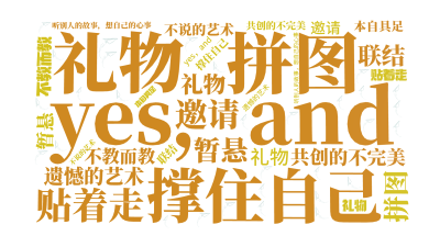 标签云:yes，and,拼图,撑住自己,礼物,贴着走,邀请,共创的不完美,遗憾的艺术,暂悬,不教而教,不说的艺术,联结,本自具足,听别人的故事，想自,文字词云图-wenziyun.cn
