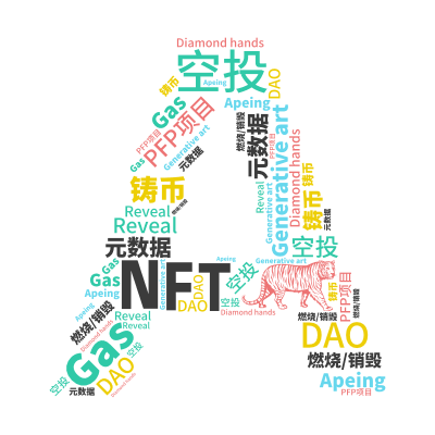 标签云:NFT,空投,Apeing,燃烧/销毁,DAO,Diamond hands,Gas,Generative art,元数据,铸币,PFP项目,,文字词云图-wenziyun.cn