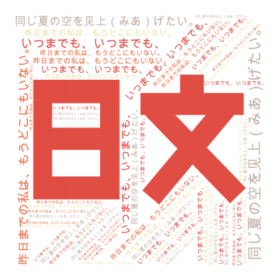 标签云:日文,昨日までの私は、もうどこにもいない。,いつまでも、いつまでも、,同じ夏の空を见上（みあ）げたい。,文字词云图-wenziyun.cn