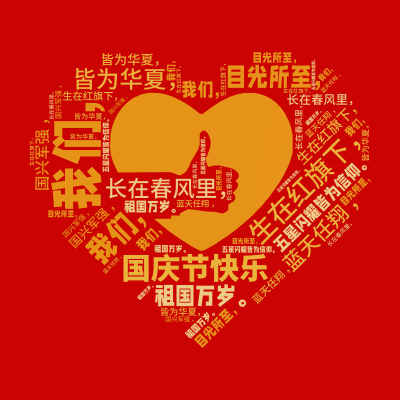 标签云:国庆节快乐,我们，,生在红旗下，,长在春风里，,目光所至，,皆为华夏，,五星闪耀皆为信仰。,国兴军强 ，,蓝天任翔 ，,祖国万岁。,文字词云图-wenziyun.cn