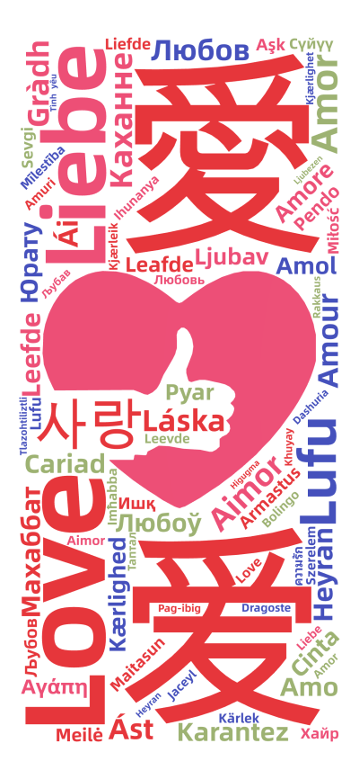 标签云:愛,爱,사랑,Love,Liebe,ፍቅር,Lufu,حب,Aimor,Amor,Heyran,ভালোবাসা,Каханне,Любоў,文字词云图-wenziyun.cn