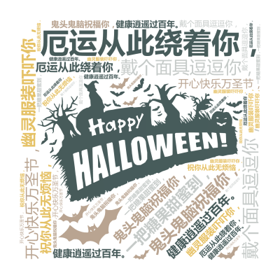 标签云:鬼头鬼脑祝福你，,戴个面具逗逗你，,幽灵服装吓吓你，,厄运从此绕着你，,开心快乐万圣节，,一把糖果甜蜜到，,祝你从此无烦恼，,健康逍遥过百年,文字词云图-wenziyun.cn