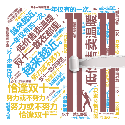 标签云:努力或不努力，,双十一就在那里，,越来越近。,恰逢双十一，,低价售卖温暖，,一年仅有的一次。,文字词云图-wenziyun.cn