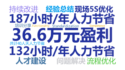 标签云:36.6万元盈利,187小时/年人力节省,132小时/年人力节省,现场5S优化,人才建设,流程优化,问题解决,持续改进,共计40人天人力节省,文字词云图-wenziyun.cn