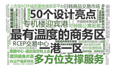 标签云:最有温度的商务区,50个设计亮点,一港一区,航空支柱产业融合,特色产业集成：对外贸易产业、TMT活力产业、临空总部产业,多方位支撑服务,专机,文字词云图-wenziyun.cn
