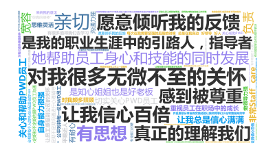 标签云:对我很多无微不至的关怀,是我的职业生涯中的引路人，指导者,让我信心百倍,愿意倾听我的反馈,感到被尊重,真正的理解我们,关心和帮助PWD员工,,文字词云图-wenziyun.cn