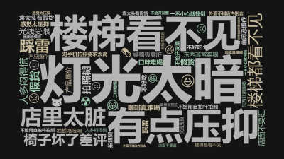 标签云:灯光太暗,楼梯看不见,有点压抑,椅子坏了差评,店里太脏,踩雷,东西非常难喝,不给用自拍杆拍照,楼梯都看不见,一不小心就摔倒,袁大头有假货,对,文字词云图-wenziyun.cn