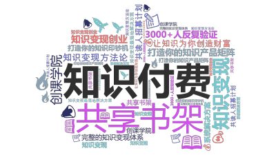 标签云:知识付费,知识变现,共享书架,共读人招募计划,创课学院,打造你的知识产品矩阵,让知识为你创造财富,知识变现最落地解决方案,3000+人反复验,文字词云图-wenziyun.cn