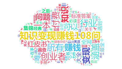 标签云:知识变现赚钱108问,知识,变现,所有,行业,一本,创业者,付费,赚钱,涵盖,红皮书,问题,标准答案,可以,唯一,大全,最全,全网,遇到,一,文字词云图-wenziyun.cn