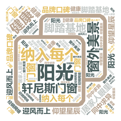 标签云:轩尼斯门窗,窗外美景,纳入每个,居家人眼里,健康,阳光,门窗,脚踏基地,仰望星辰,经销网络,品牌口碑,渠道建设,同中求异,迎风而上,文字词云图-wenziyun.cn