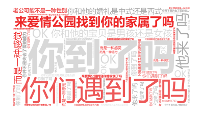 标签云:你到了吗,他来了吗,你们遇到了吗,来爱情公园找到你的家属了吗,你和他的宝贝是男孩还是女孩,你和他的婚礼是中式还是西式,老公可能不是一种性别,,文字词云图-wenziyun.cn