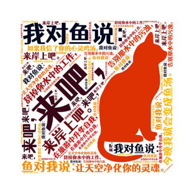 标签云:,我对鱼说：,来吧，,来岸上吧。,辞掉你水中的工作，,在旅游中升华自我，,告别那水中的污浊，,让天空净化你的灵魂。,鱼对我说：,如果我信了你,文字词云图-wenziyun.cn