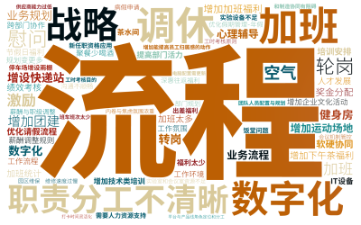 标签云:流程,加班,数字化,调休,职责分工不清晰,战略,增设快递站,增加运动场地,增加下午茶福利,增加团建,增加企业文化活动,增加能提高员工归属感的,文字词云图-wenziyun.cn
