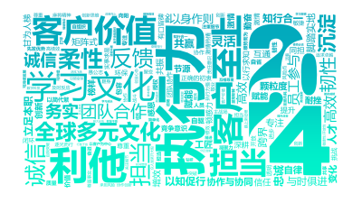 标签云:执行力,客户价值,全球多元文化,学习文化,利他,担当,客户至上,诚信,担当,沉淀,柔性,韧性,反馈,员工参与,团队合作,务实,高效,以身作则,文字词云图-wenziyun.cn