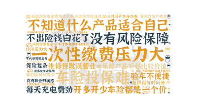 标签云:一次性缴费压力大,不知道什么产品适合自己,车险投保难,没有风险保障,开多开少车险都是一个价,保险产品不好比较价值,不出险钱白花了,维修慢耽误,文字词云图-wenziyun.cn