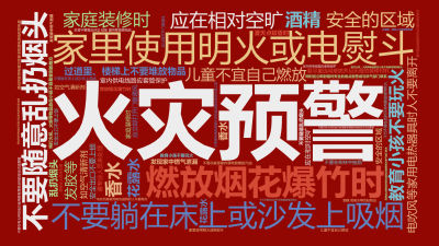 标签云:火灾预警,不要随意乱扔烟头,家里使用明火或电熨斗,电吹风等家用电热器具时人不要离开,不要躺在床上或沙发上吸烟,教育小孩不要玩火,将打火机、火,文字词云图-wenziyun.cn