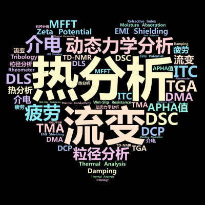 标签云:,热分析,流变,动态力学分析,粒径分析,介电,EMI Shielding,Zeta Potential,疲劳,APHA值,Thermal A,文字词云图-wenziyun.cn