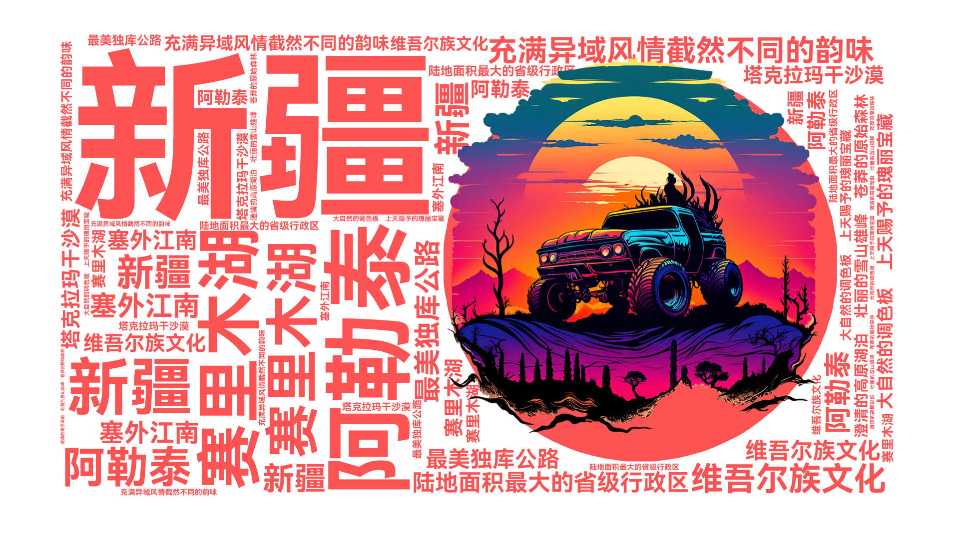 新疆,阿勒泰,赛里木湖,充满异域风情截然不同的韵味,维吾尔族文化,陆地面积最大的省级行政区, 最美独库公路,塔克拉玛干沙漠,‌塞外江南,  ,文字词云图-wenziyun.cn