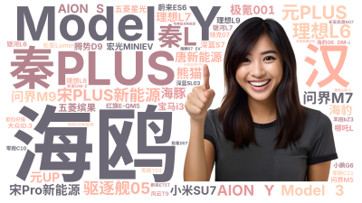 标签云:Model Y,秦PLUS,海鸥,宋PLUS新能源,元PLUS,理想L6,驱逐舰05,宋Pro新能源,汉,Model 3,秦L,问界M7,A,文字词云图-wenziyun.cn