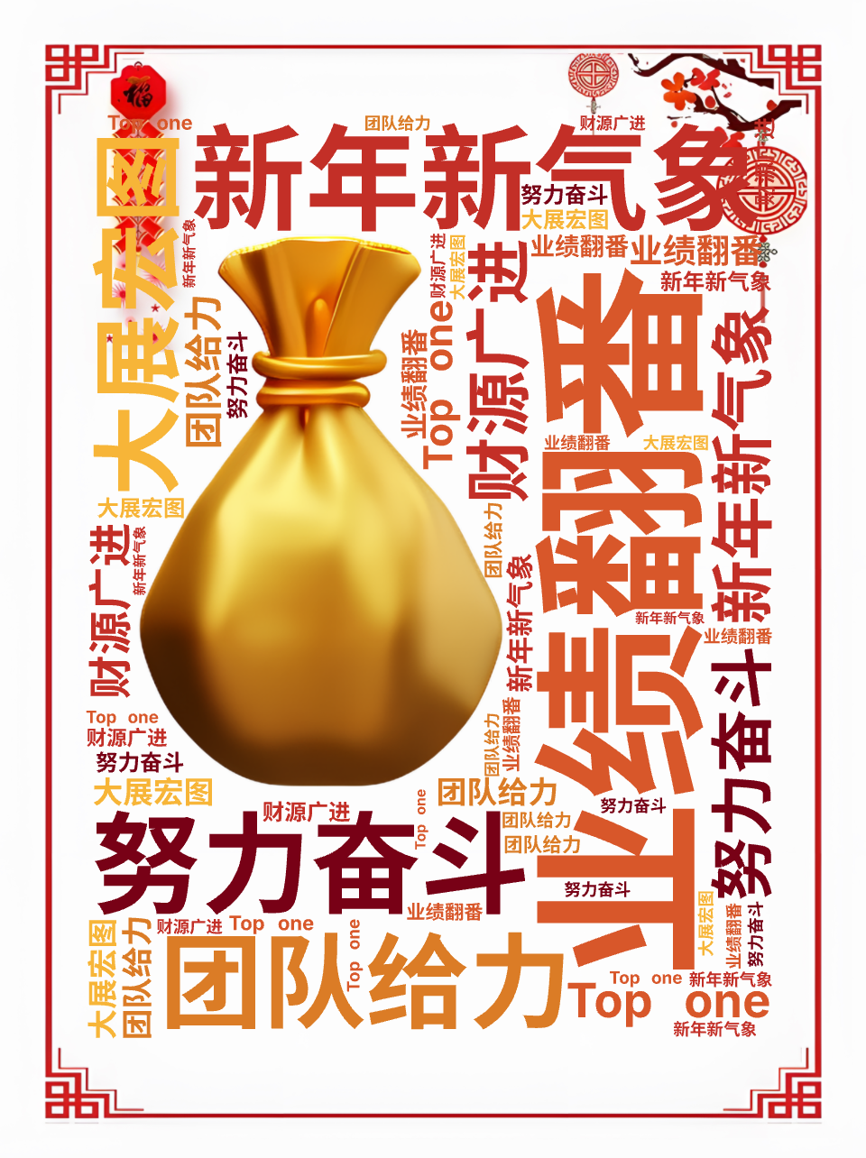 新年新气象,业绩翻番,团队给力,大展宏图,努力奋斗,财源广进,Top one,文字词云图-wenziyun.cn