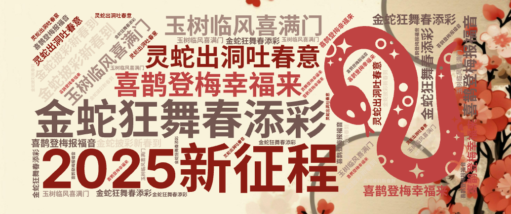 2025新征程,金蛇狂舞春添彩,玉树临风喜满门,金蛇披彩新春到,喜鹊登梅幸福来,灵蛇出洞吐春意,喜鹊登梅报福音,文字词云图-wenziyun.cn