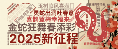 2025新征程,金蛇狂舞春添彩,玉树临风喜满门,金蛇披彩新春到,喜鹊登梅幸福来,灵蛇出洞吐春意,喜鹊登梅报福音,生成的3D文字词云图-wenziyun.cn