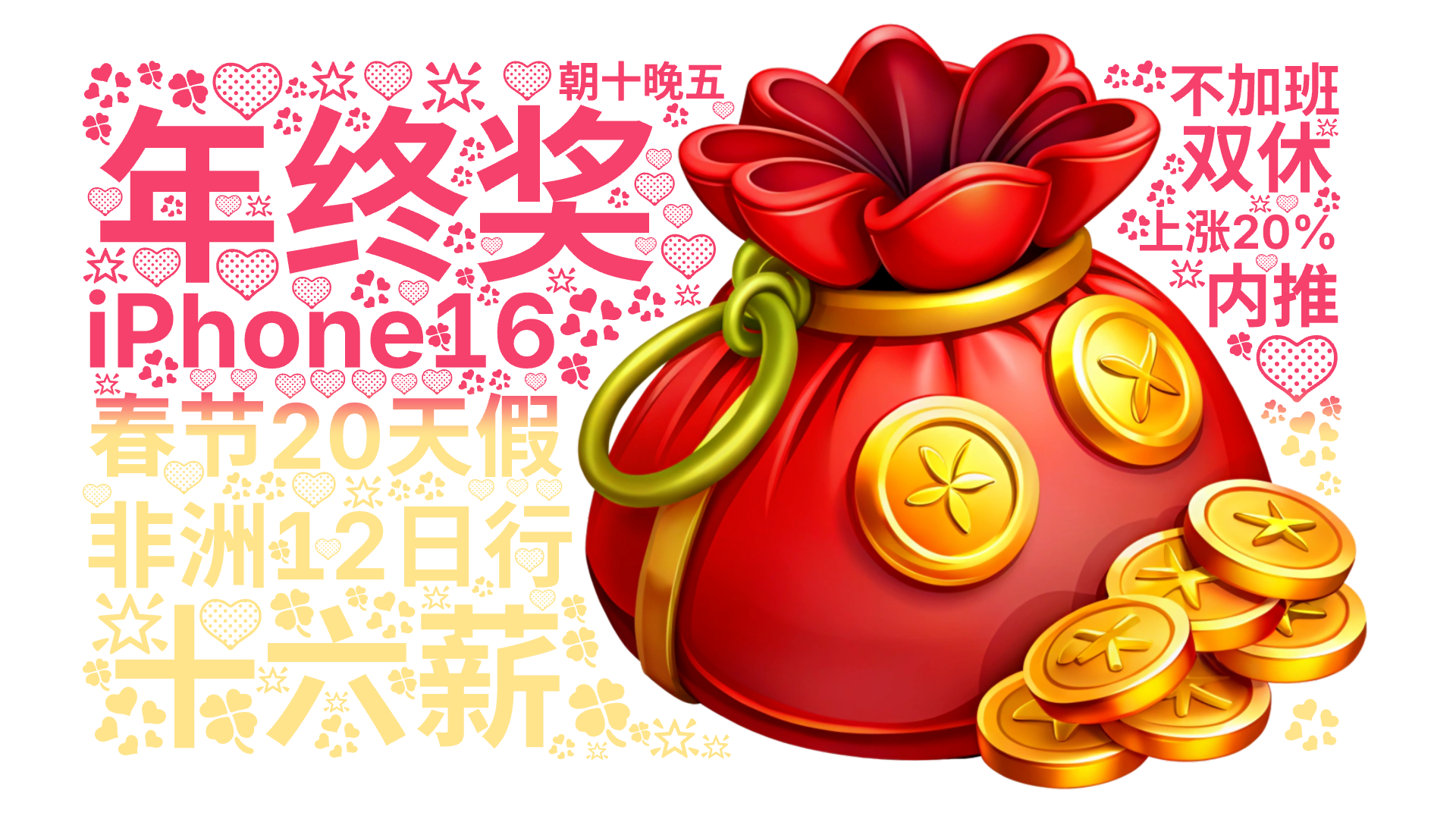 年终奖,十六薪,iPhone16,非洲12日行,春节20天假,上涨20%,双休,不加班,朝十晚五,内推,文字词云图-wenziyun.cn