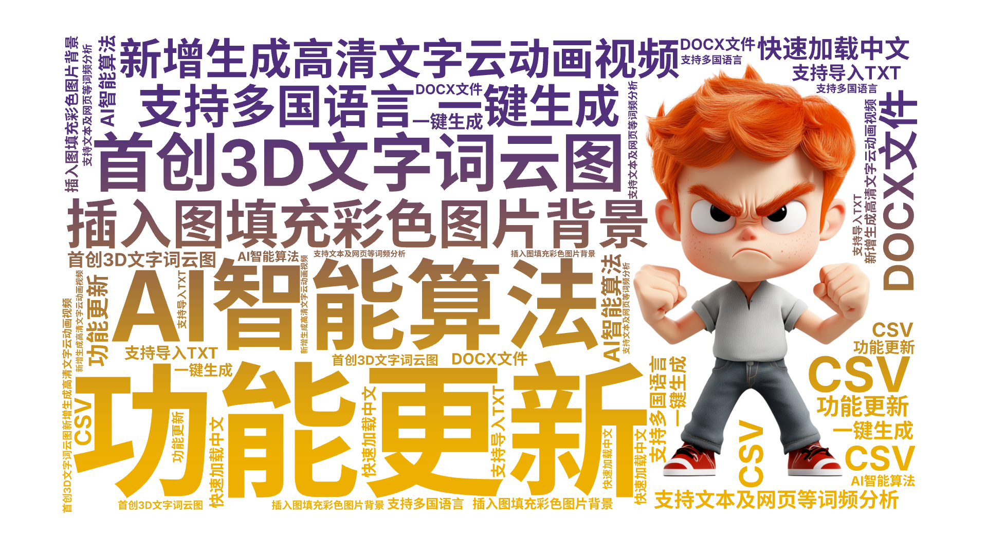 功能更新,新增生成高清文字云动画视频,插入图填充彩色图片背景,首创3D文字词云图,AI智能算法,一键生成,支持多国语言,快速加载中文,支持文,文字词云图-wenziyun.cn