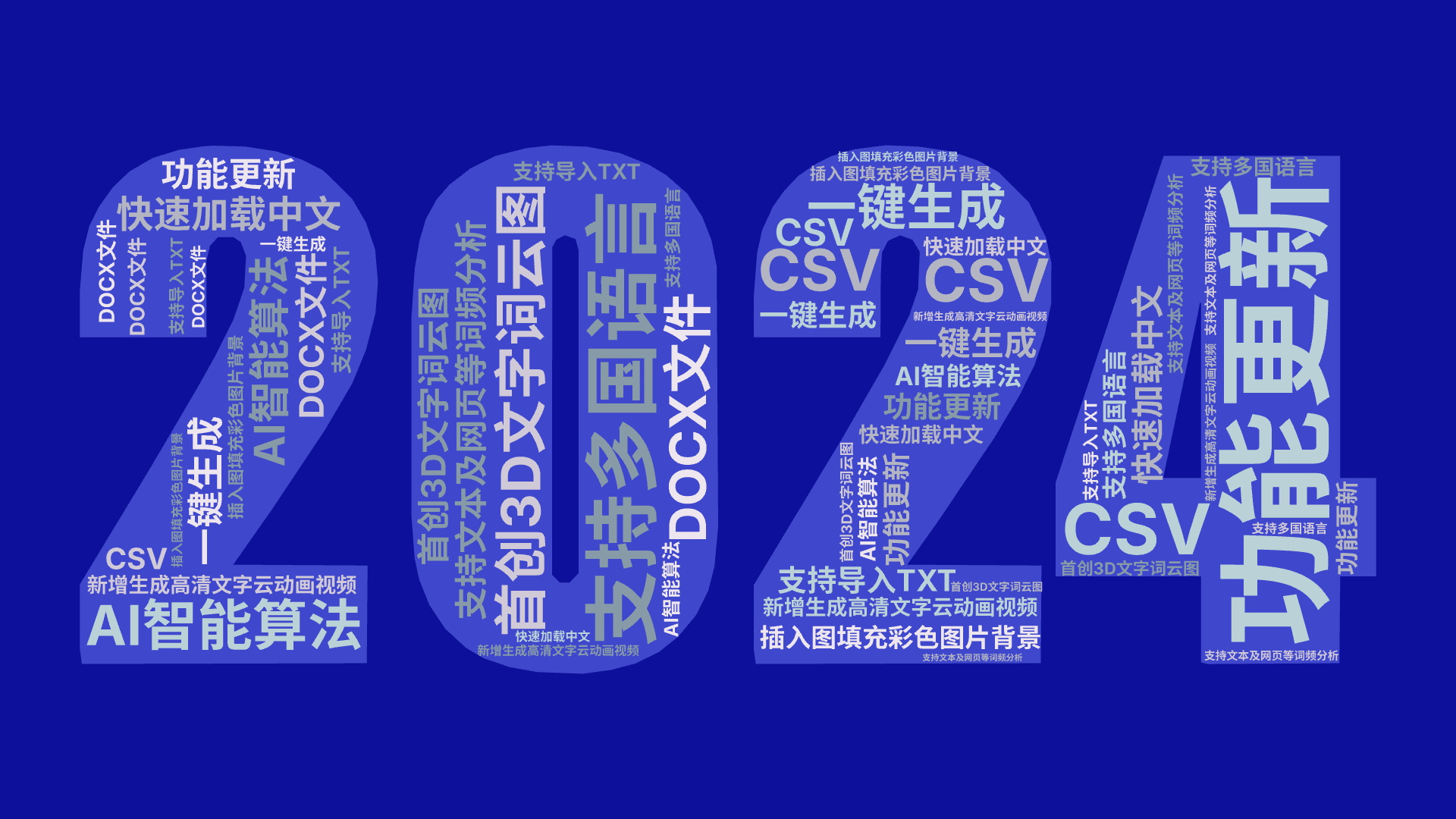 功能更新,新增生成高清文字云动画视频,插入图填充彩色图片背景,首创3D文字词云图,AI智能算法,一键生成,支持多国语言,快速加载中文,支持文,文字词云图-wenziyun.cn