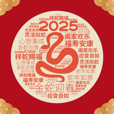 2025,金蛇迎春,福寿安康,祥蛇赐福,阖家欢乐,蛇年如意,心想事成,灵活似蛇,应变自如,生成的3D文字词云图-wenziyun.cn