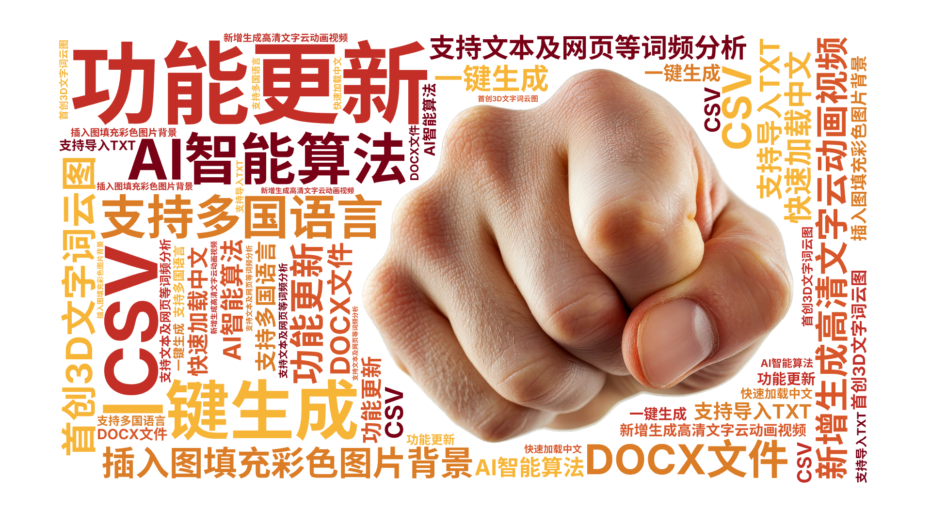 功能更新,新增生成高清文字云动画视频,插入图填充彩色图片背景,首创3D文字词云图,AI智能算法,一键生成,支持多国语言,快速加载中文,支持文,文字词云图-wenziyun.cn