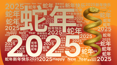 2025,蛇年,新年快乐,Happy New Year,生成的3D文字词云图-wenziyun.cn