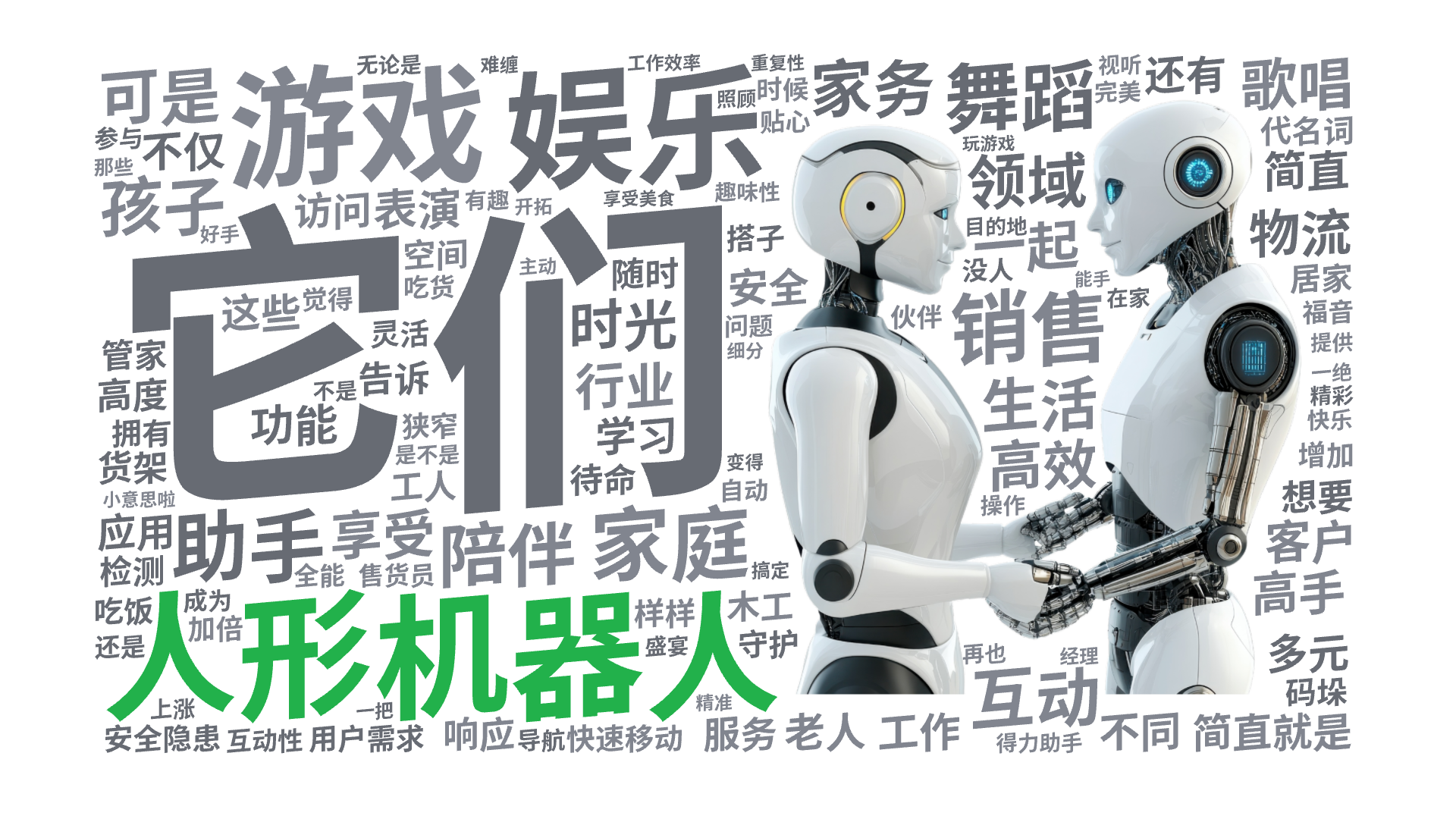 人形机器人,它们,娱乐,游戏,家庭,销售,助手,舞蹈,陪伴,家务,孩子,互动,可是,领域,生活,歌唱,高效,简直就是,行业,一起,享受,时光,文字词云图-wenziyun.cn