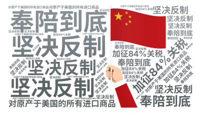 坚决反制,奉陪到底,对原产于美国的所有进口商品,加征84%关税,生成的3D文字词云图-wenziyun.cn
