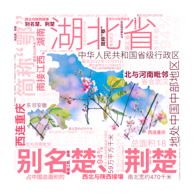 湖北省,简称“鄂”,别名楚、荆楚,中华人民共和国省级行政区,省会武汉,地处中国中部地区,东邻安徽,西连重庆,西北与陕西接壤,南接江西、湖南,,生成的3D文字词云图-wenziyun.cn
