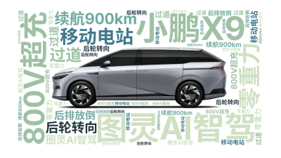 小鹏X9,图灵AI智驾,800V超充,续航900km,移动电站,后轮转向,零重力,过道,后排放倒,生成的3D文字词云图-wenziyun.cn