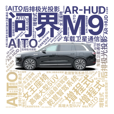 问界M9,增程式,AITO,高端大型SUV,乾崑智驾系统,支持L3级自动驾驶,AR-HUD,后排极光投影,女王座椅,车载卫星通信,支持行驶中,生成的3D文字词云图-wenziyun.cn