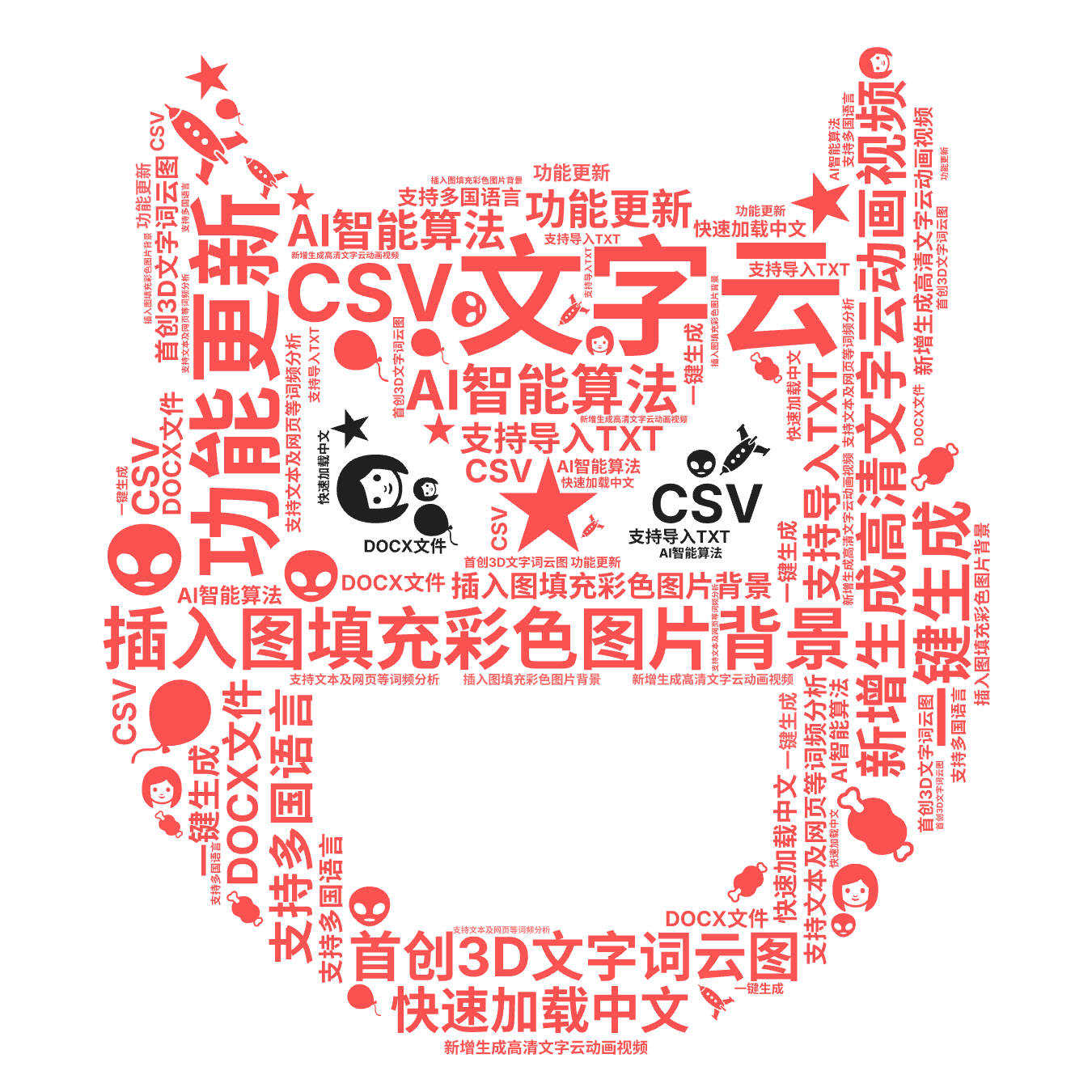 文字云,    功能更新,新增生成高清文字云动画视频,插入图填充彩色图片背景,首创3D文字词云图,AI智能算法,一键生成,支持多国语言,快速,文字词云图-wenziyun.cn