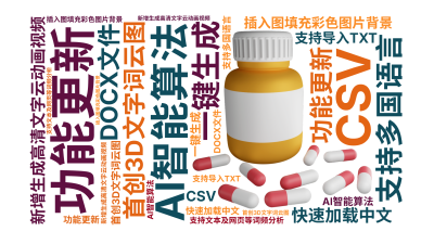 功能更新,新增生成高清文字云动画视频,插入图填充彩色图片背景,首创3D文字词云图,AI智能算法,一键生成,支持多国语言,快速加载中文,支持文,生成的3D文字词云图-wenziyun.cn